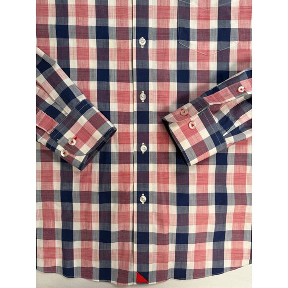 UNTUCKit Button Up Shirt Size LRG Blue Red Plaid Cotton Wrinkle Free Redaelli WF - Picture 3 of 10